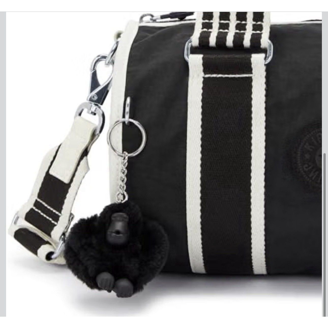 Nwt Kipling Black & White Striped Mini Duffle Crossbody, Zip, Monkey Charm — image 4 of 8